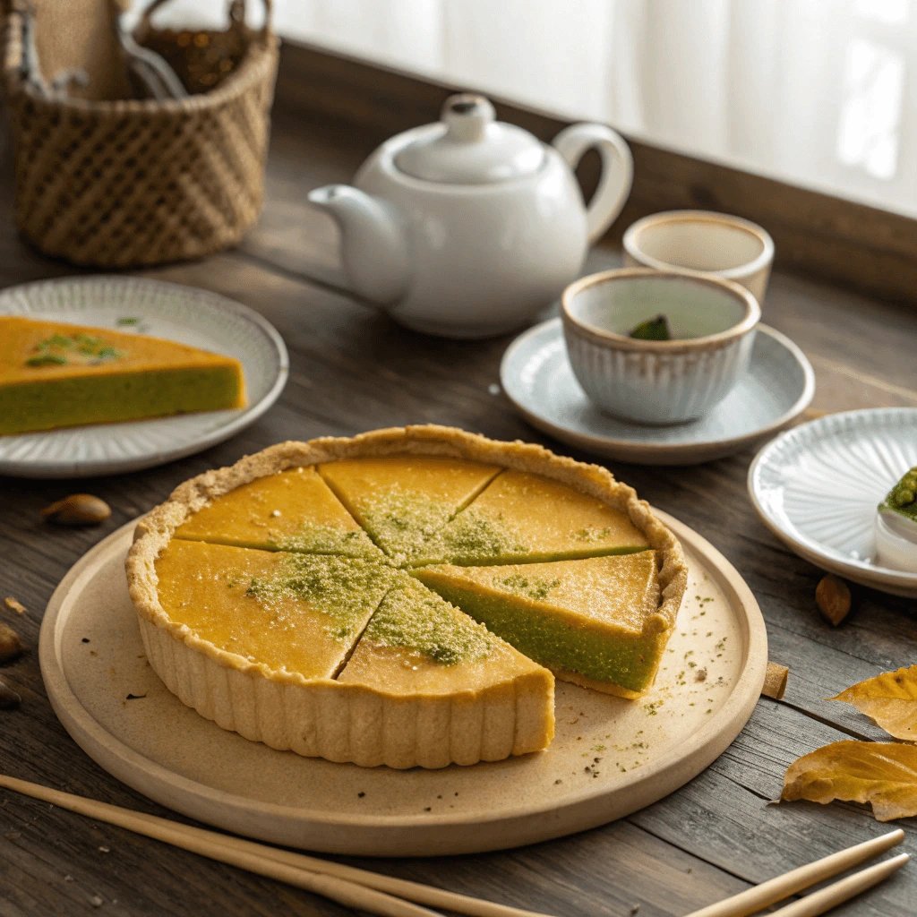 Pumpkin pie cream cheese molasses swirl dessert on a rustic table with autumn decor.