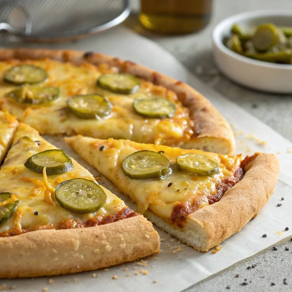 Pickle Pie Pizza fresh out of the oven with gooey melted cheese and crispy crust.