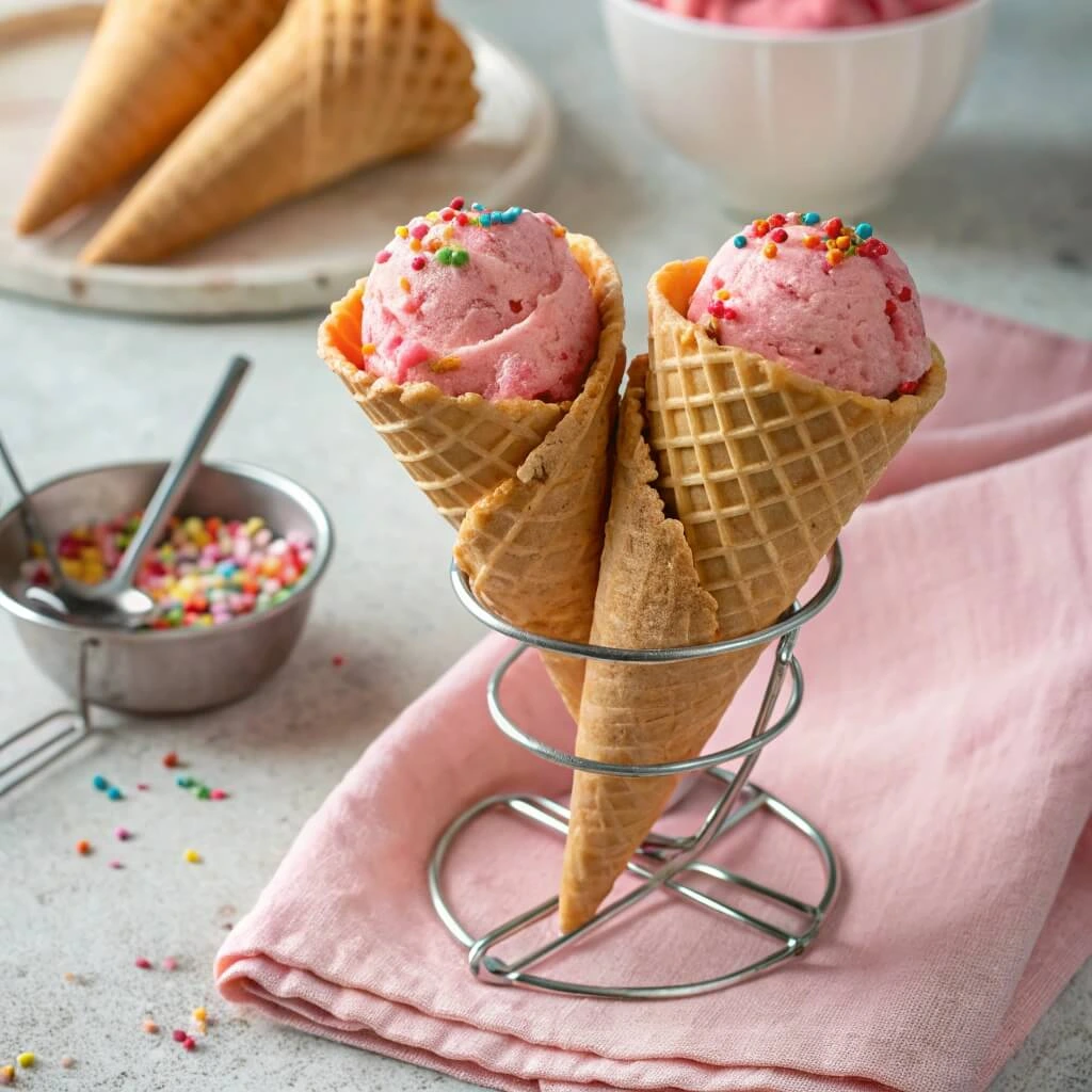 Ice cream cones with colorful toppings for a summer party