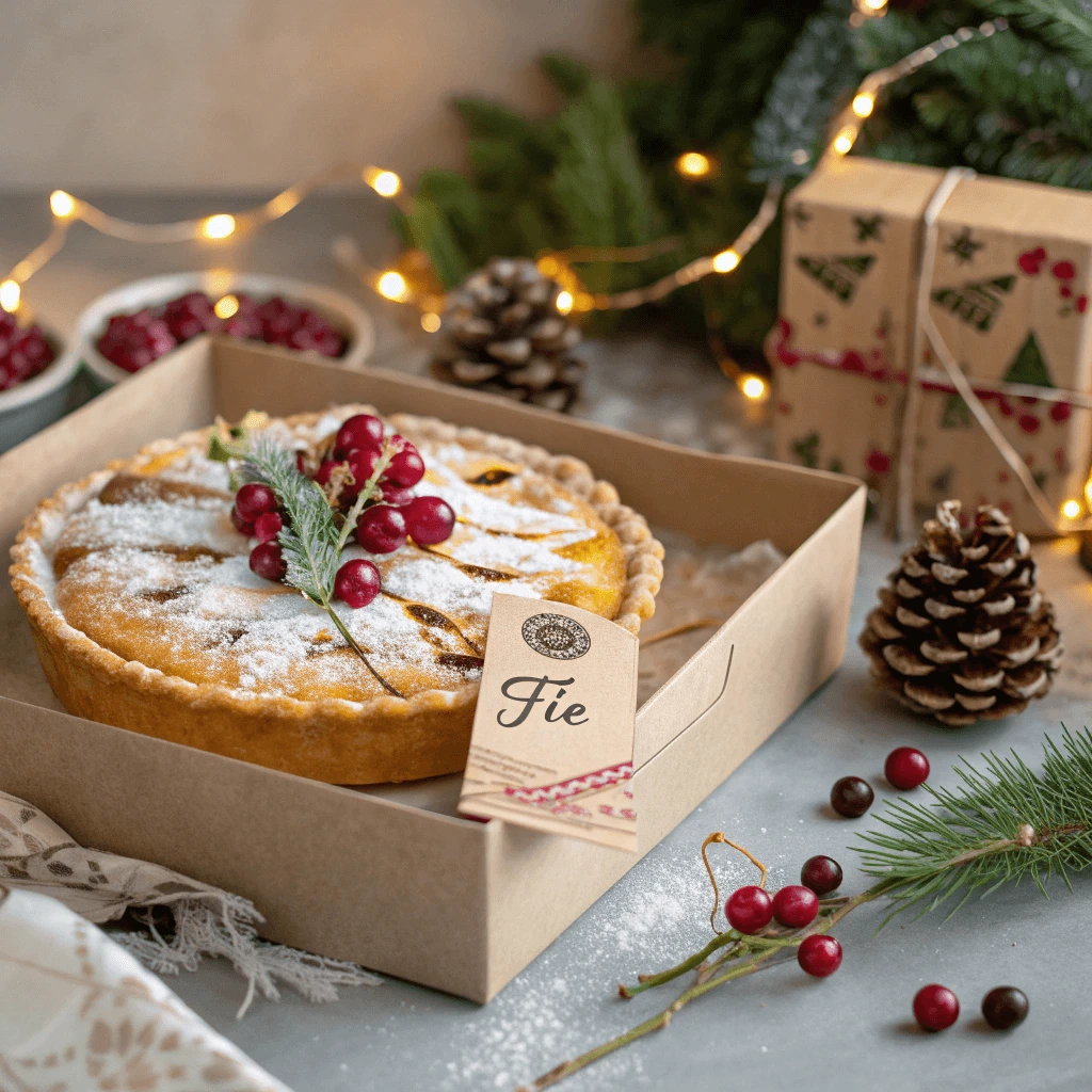 Holiday pie for clients beautifully packaged with festive decorations on a rustic table.