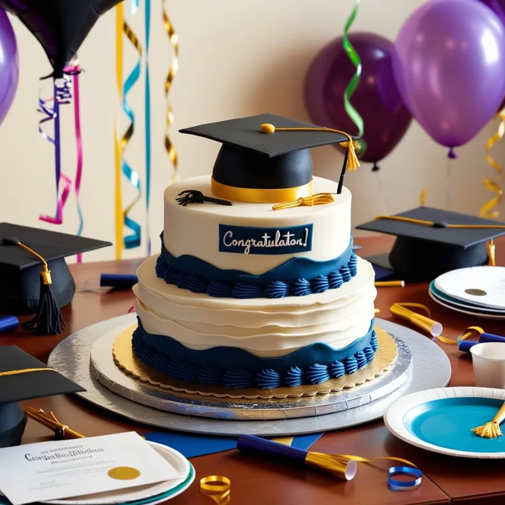 Graduation cakes with a festive design and graduation cap topper