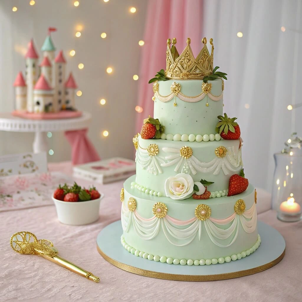 Princess Cake with smooth green marzipan, topped with a royal tiara and sugar flowers.