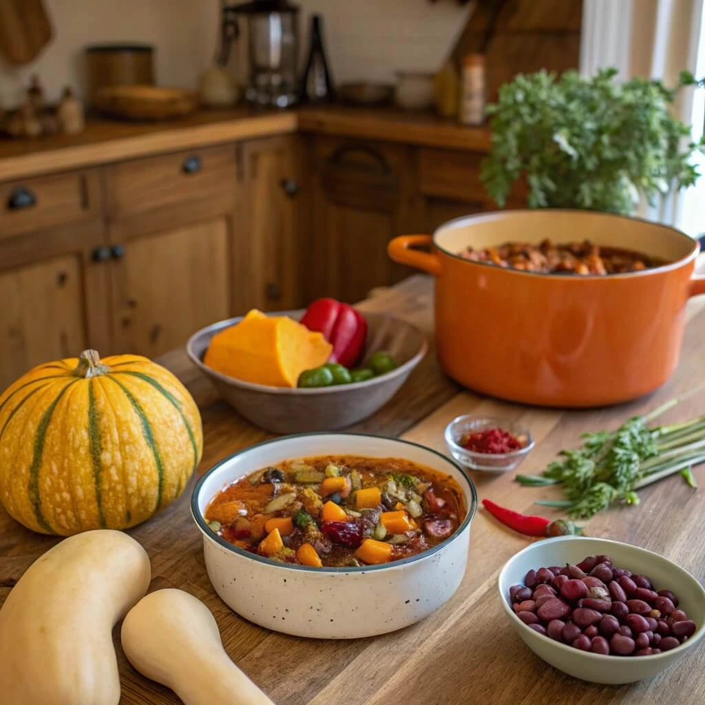 Recipe squash and kidney beans stew in a bowl with spices