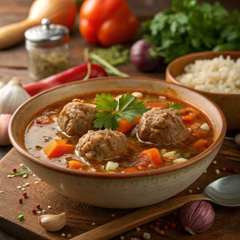 Porcupine Soup with Meatballs and Rice in a Bowl