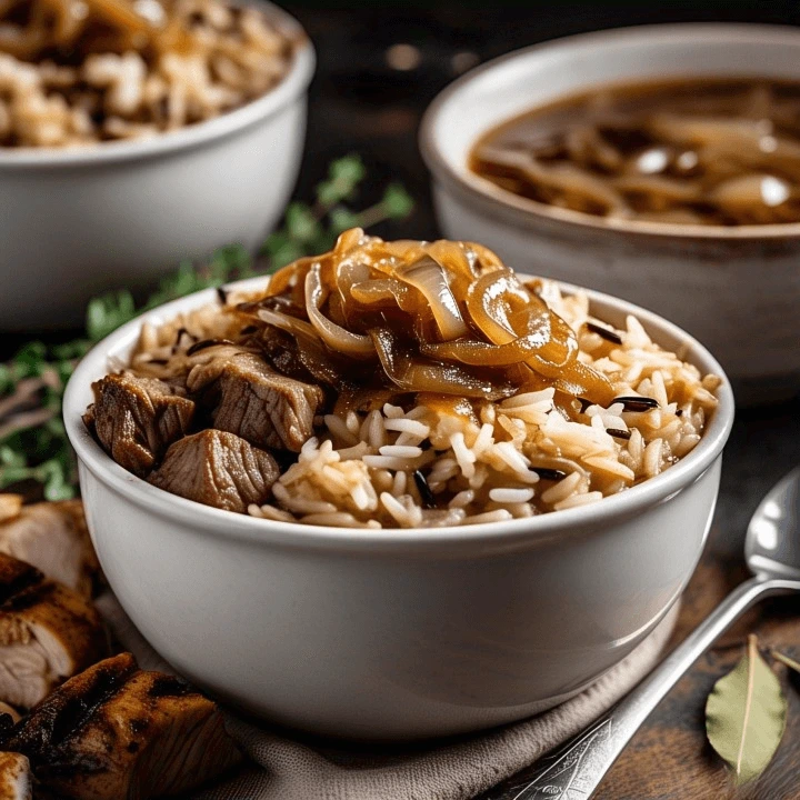 French Onion Soup Rice in a Rustic Bowl