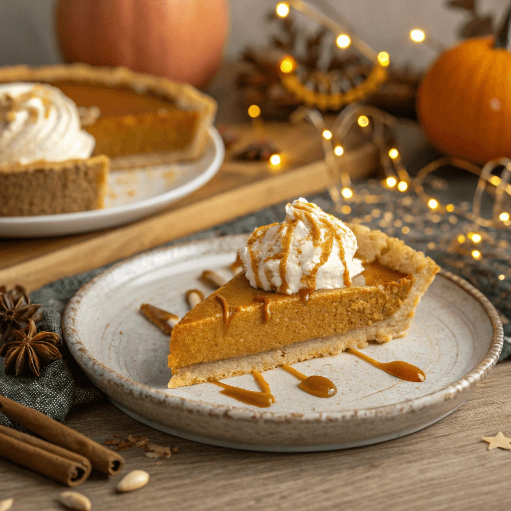 Pumpkin pie with cream cheese and molasses drizzle.