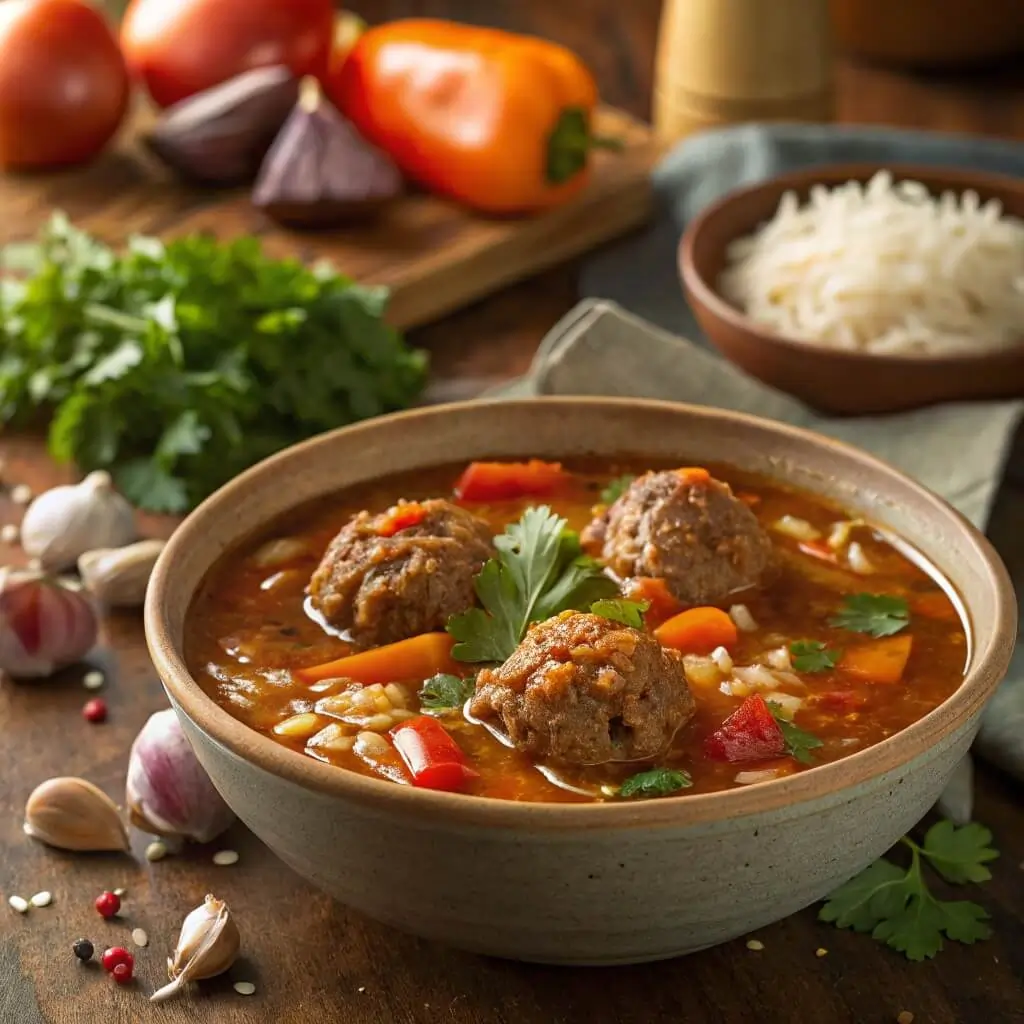 Porcupine Soup Cooking in a Skillet with Fresh Vegetables