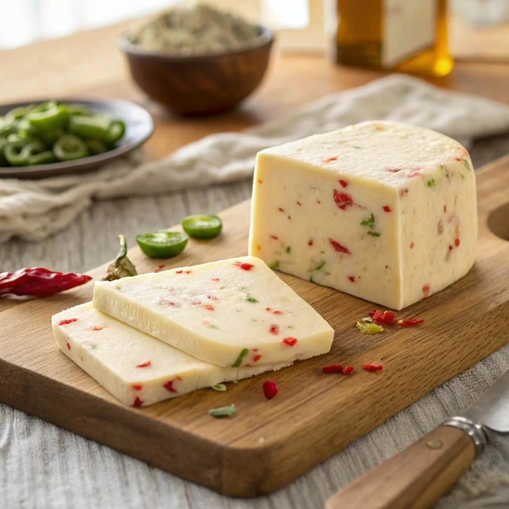 Sliced Pepper Jack Cheese on a Wooden Board