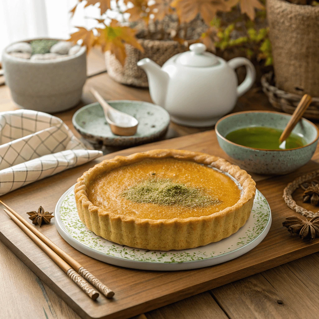 Close-up of pumpkin pie cream cheese molasses filling being poured into a pie crust.