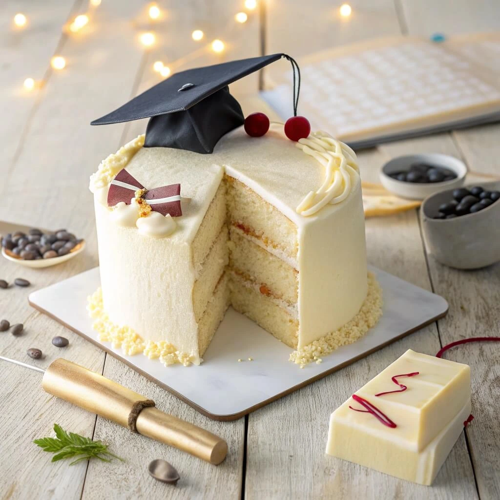 Graduation cakes featuring a multi-layered design with colorful decorations