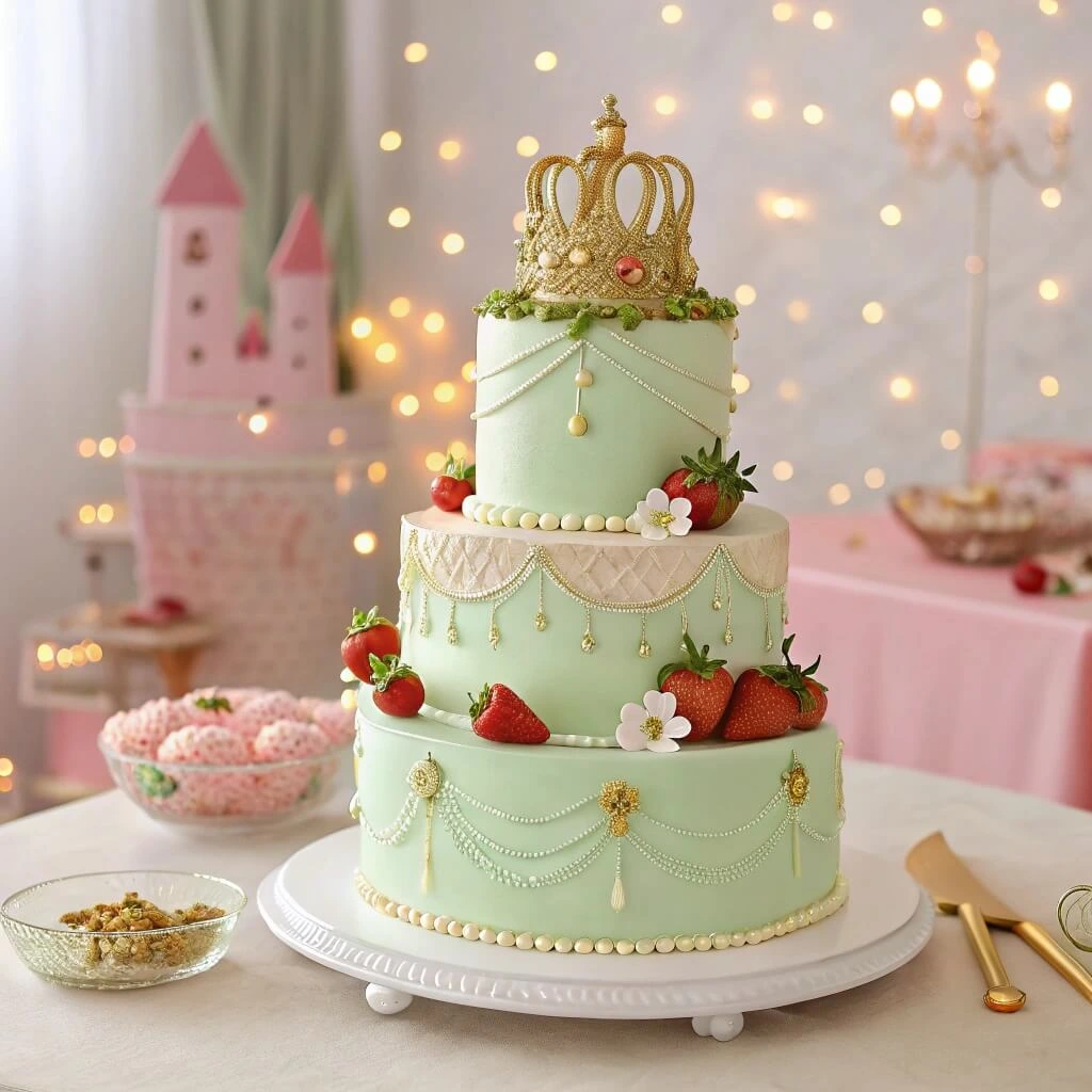 Close-up of a sliced Princess Cake showing its delicate layers of sponge, cream, and jam.

