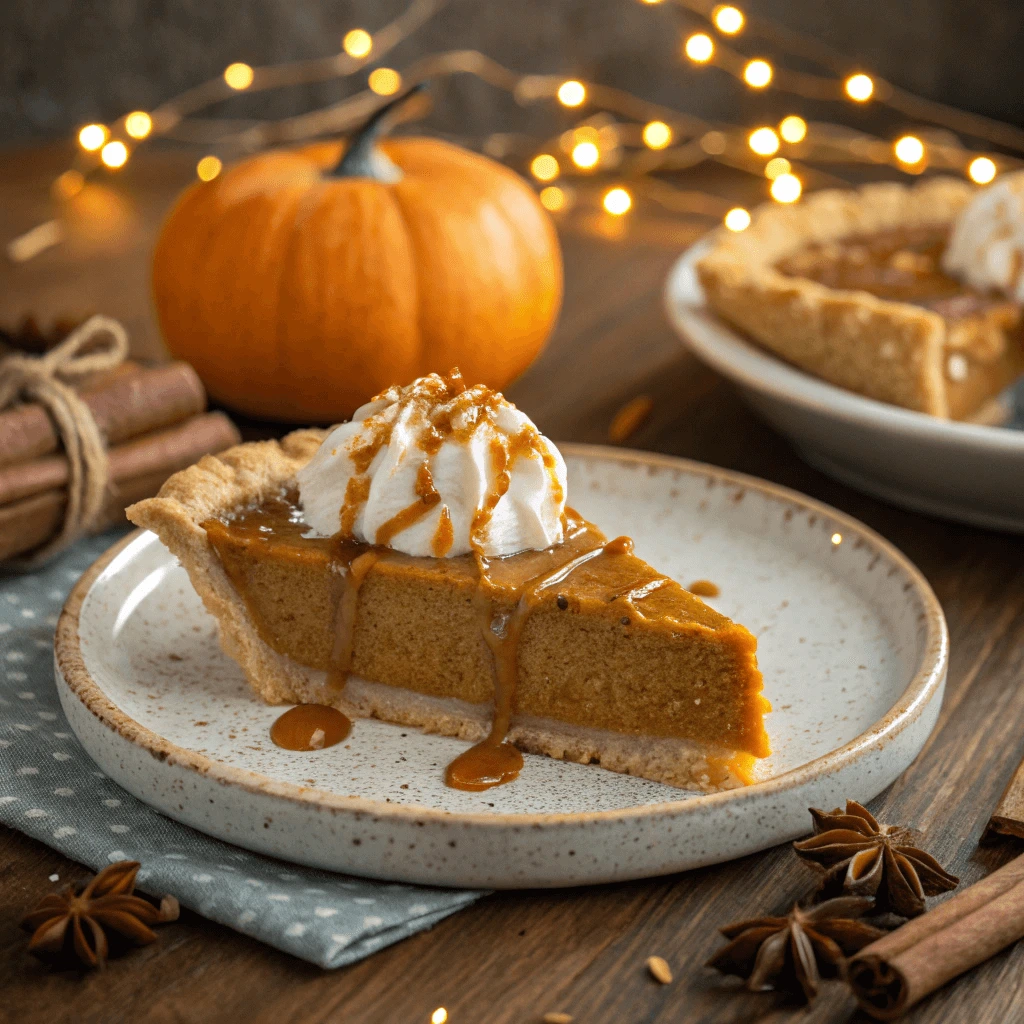 Sliced pumpkin pie topped with molasses and cream cheese filling. 