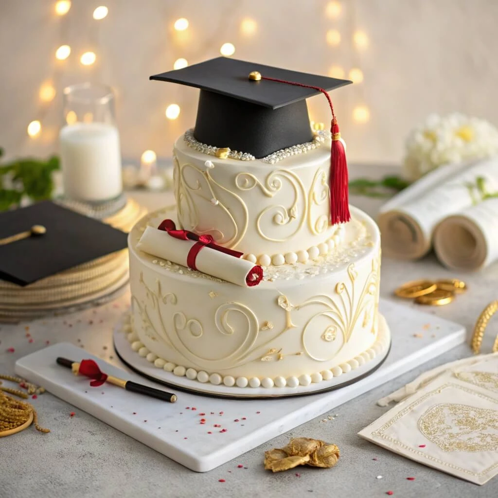 Graduation cakes decorated with a fondant graduation cap and tassel