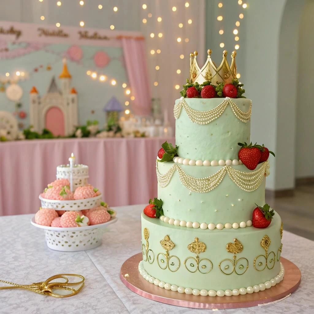 A birthday Princess Cake decorated with pink marzipan and a Disney princess figurine.

