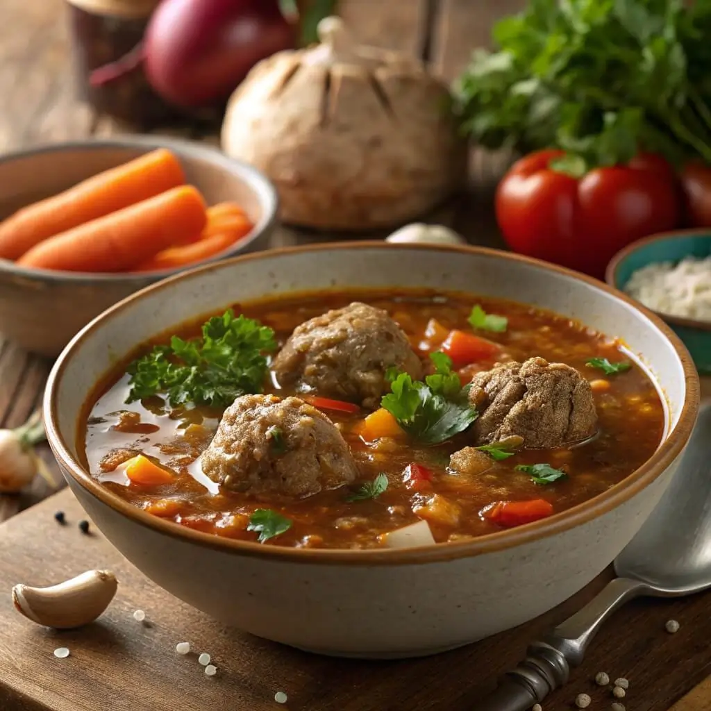 A Serving of Porcupine Soup with Beef and Tomato Broth