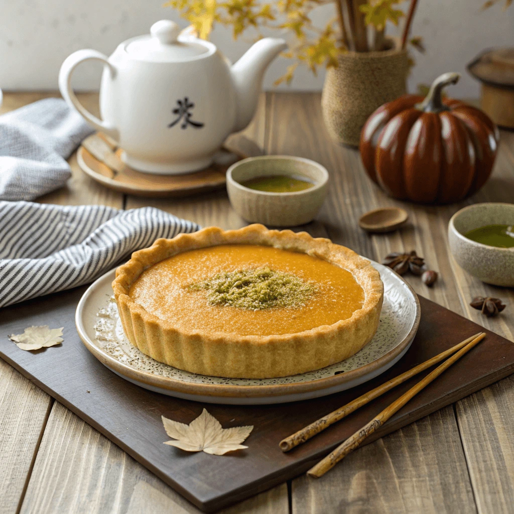 Pumpkin pie cream cheese molasses dessert surrounded by autumn leaves and pumpkins.