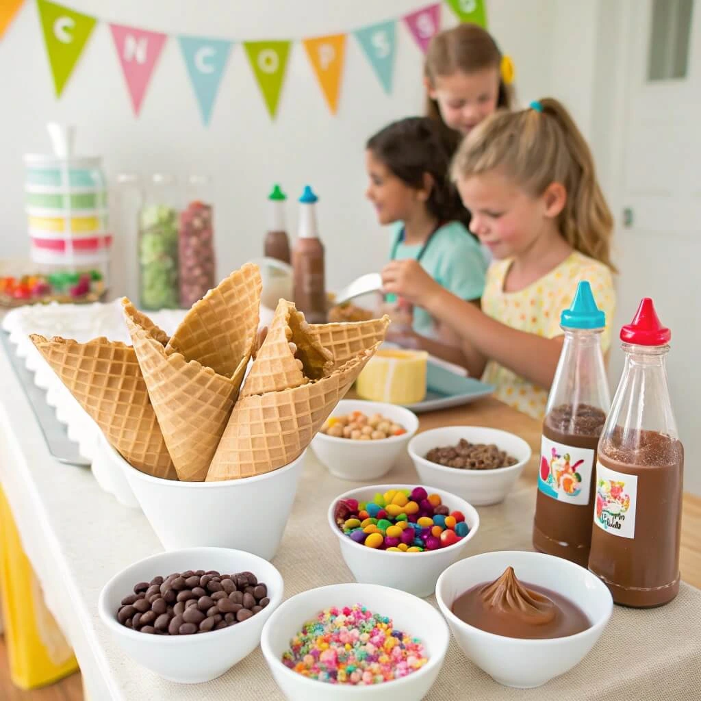 Ice cream cones with whipped cream and chocolate drizzle