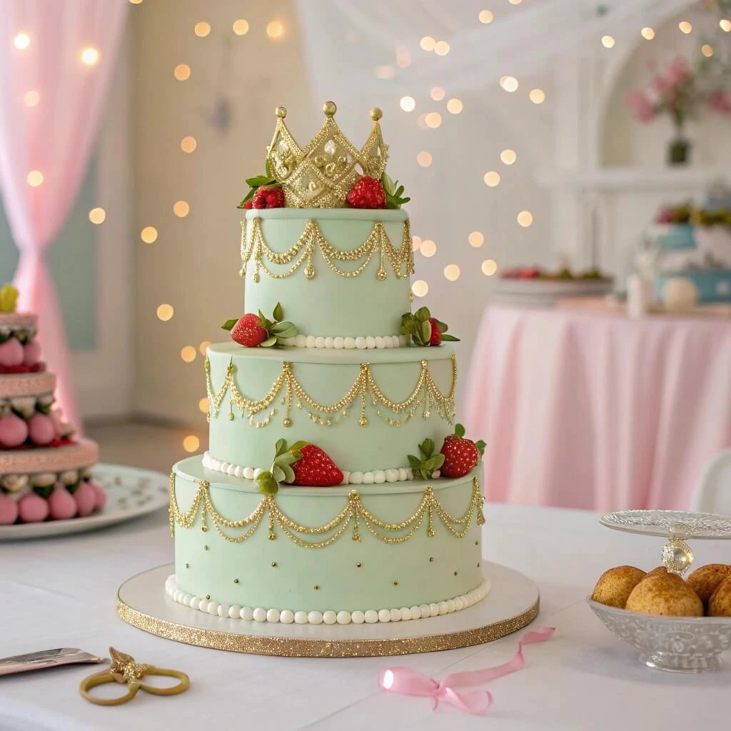 Homemade Princess Cake on a golden cake stand with elegant pastel decor.