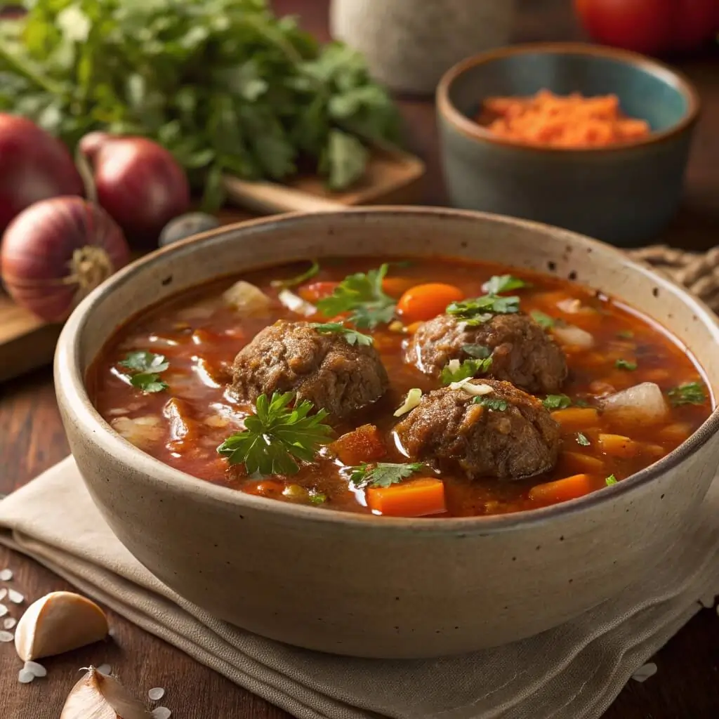 Porcupine Soup Meatballs Simmering in Beef Broth