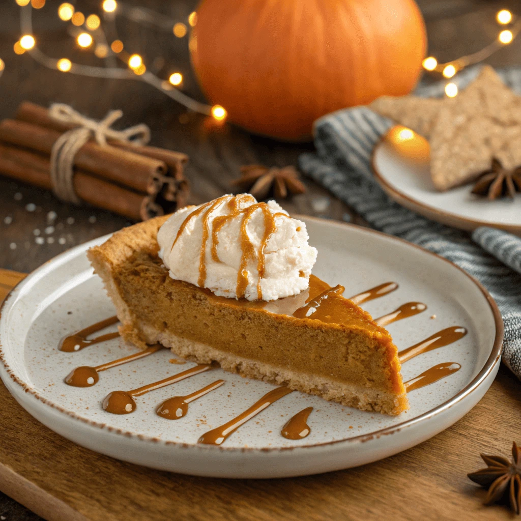  A close-up of creamy pumpkin pie with molasses drizzle. 