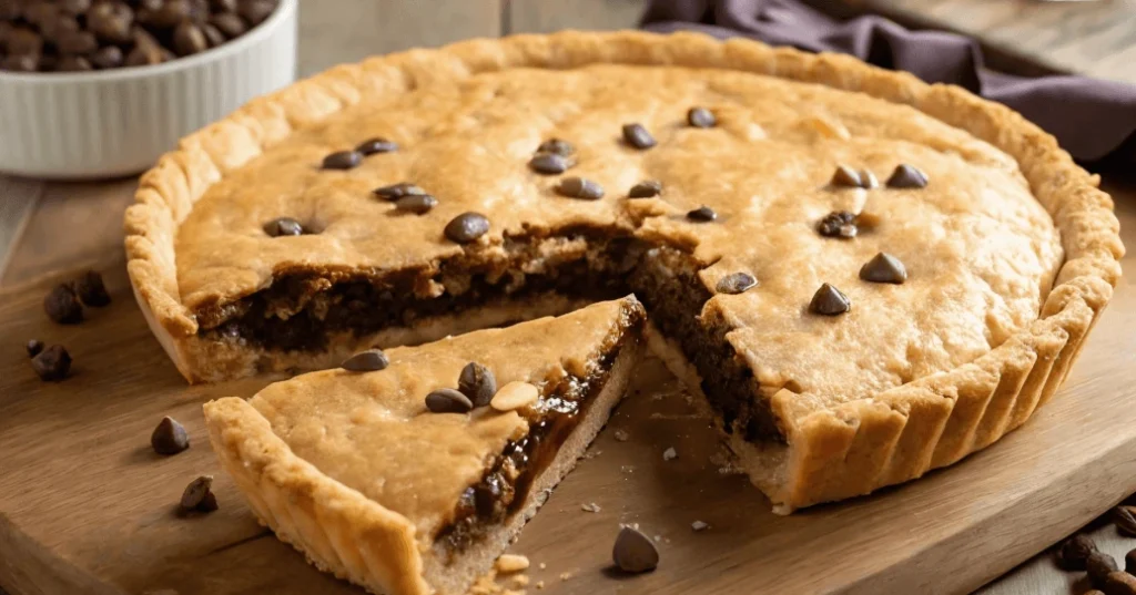 Toll House Pie fresh out of the oven with a golden crust and gooey chocolate center.