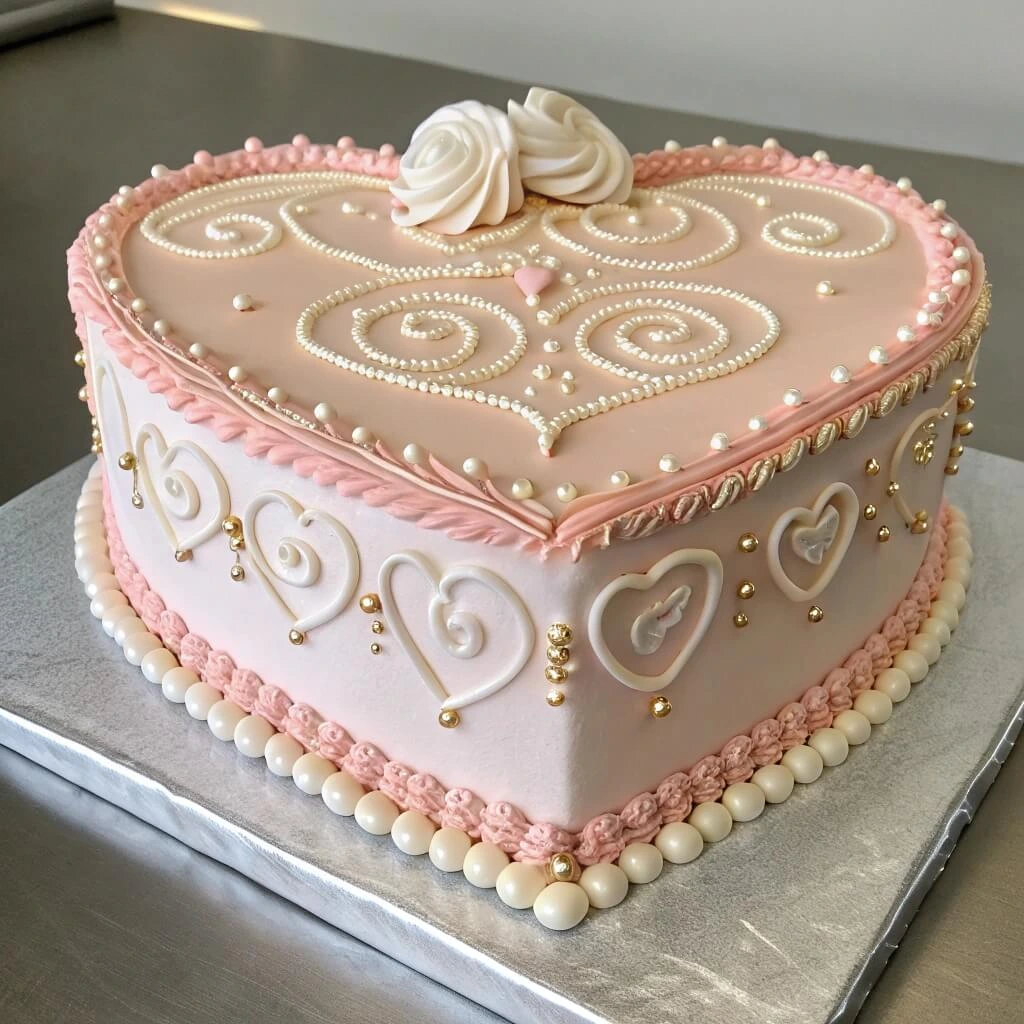 Heart cake decorated with buttercream frosting and edible decorations