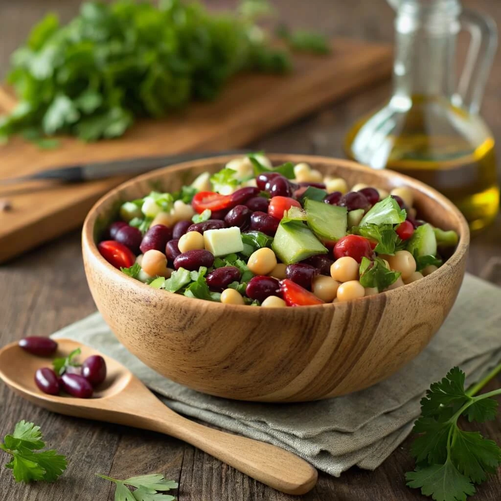 Dense bean salad with chickpeas, black beans, and fresh vegetables in a bowl.