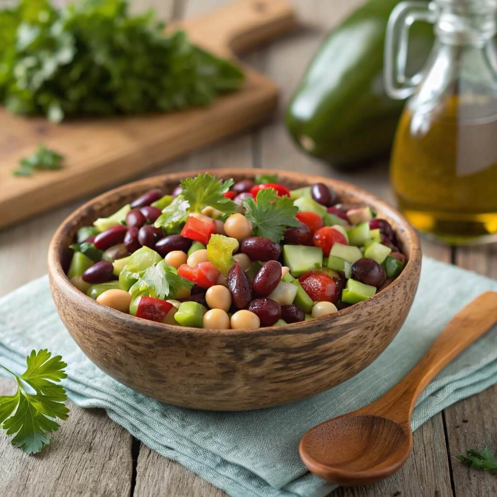 A colorful bowl of dense bean salad with lima beans, cucumbers, and bell peppers.