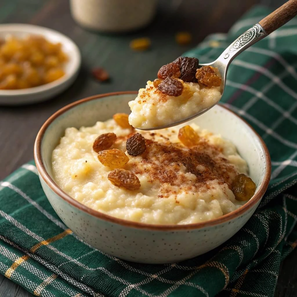 Cream of rice served in a bowl with cinnamon and sweetened condensed milk drizzle.