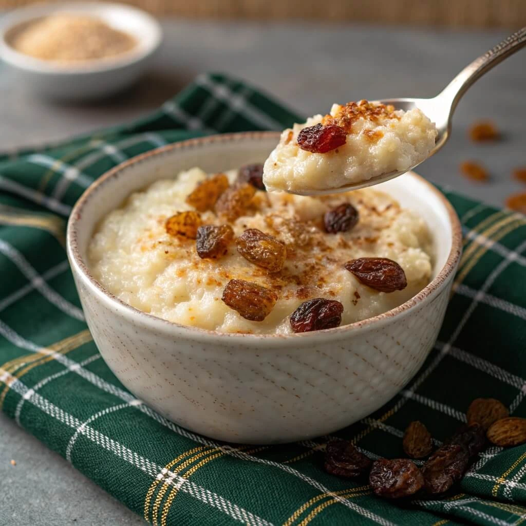 Cream of rice pudding topped with sweetened condensed milk.