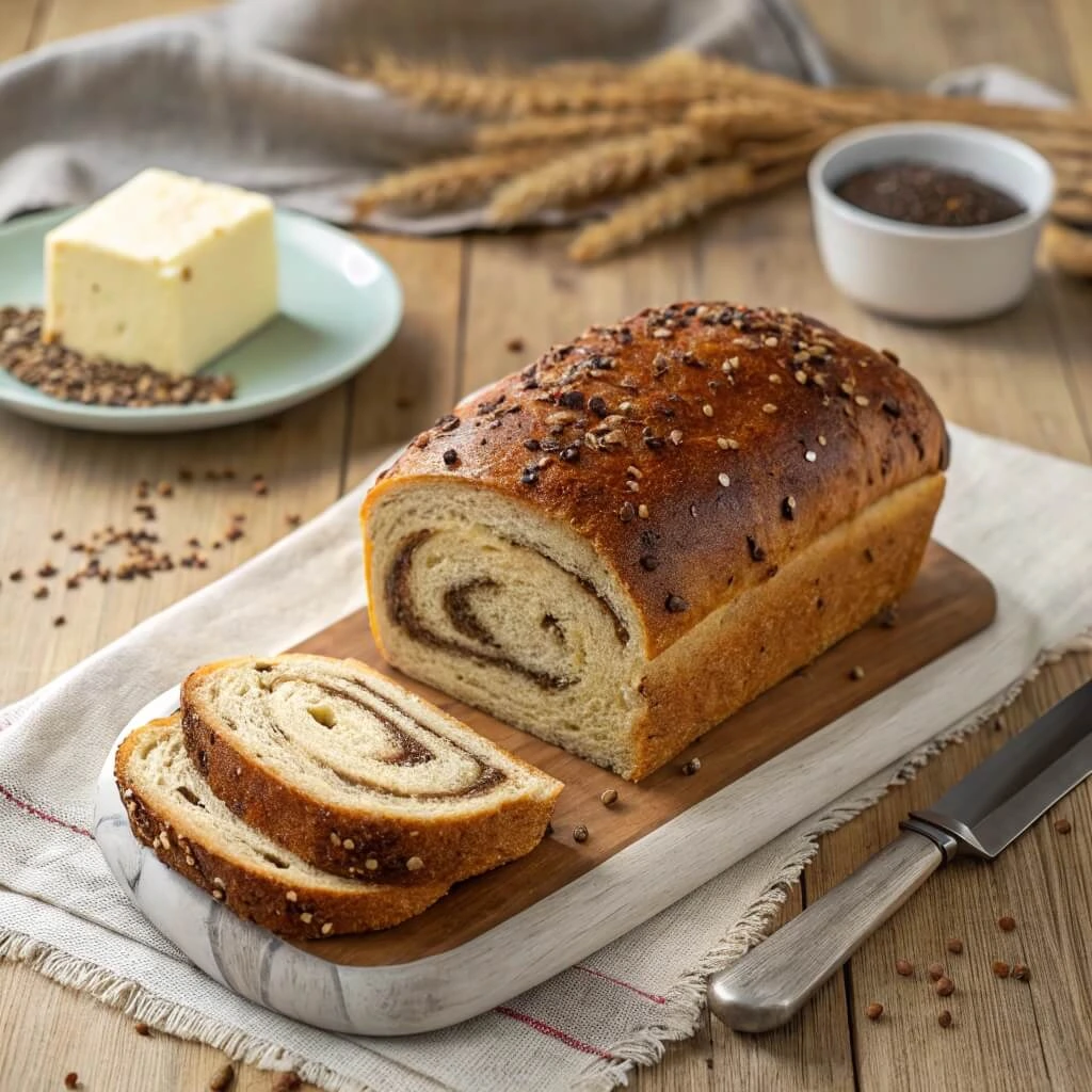 Marble rye bread dough being rolled out with a rolling pin, showing its signature swirls.