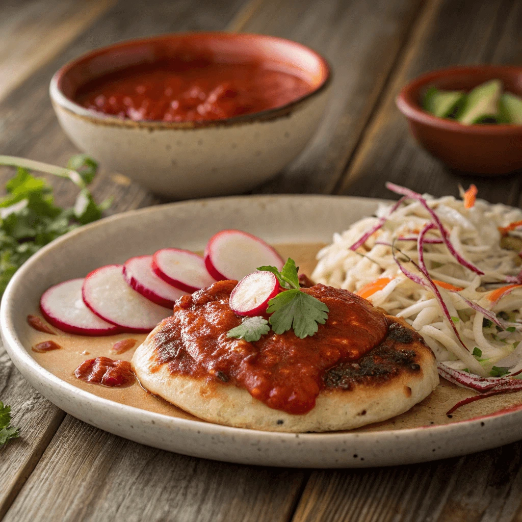  Traditional chorizo pupusa served with red sauce and lime wedges