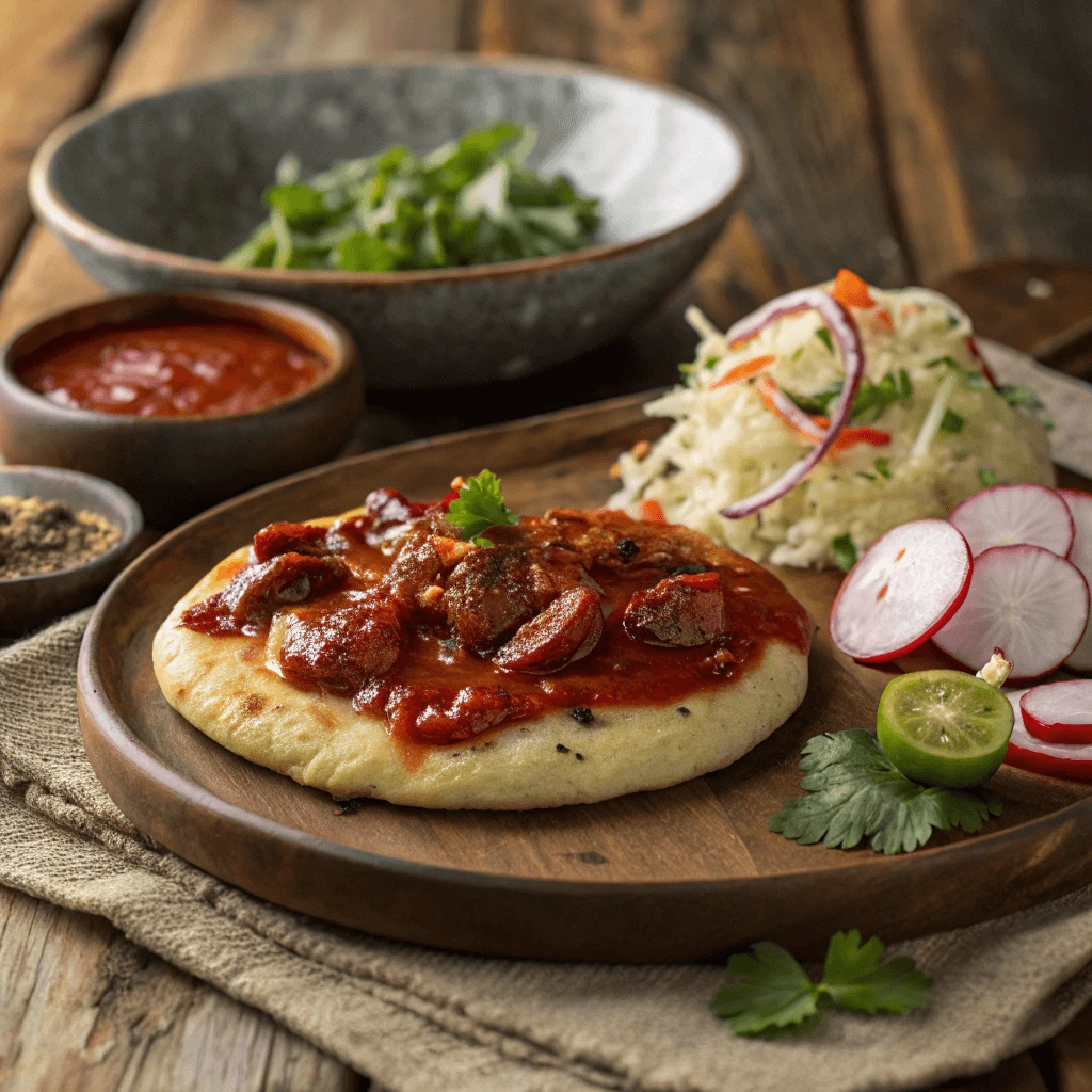 Chorizo pupusa topped with rich red sauce and fresh herbs