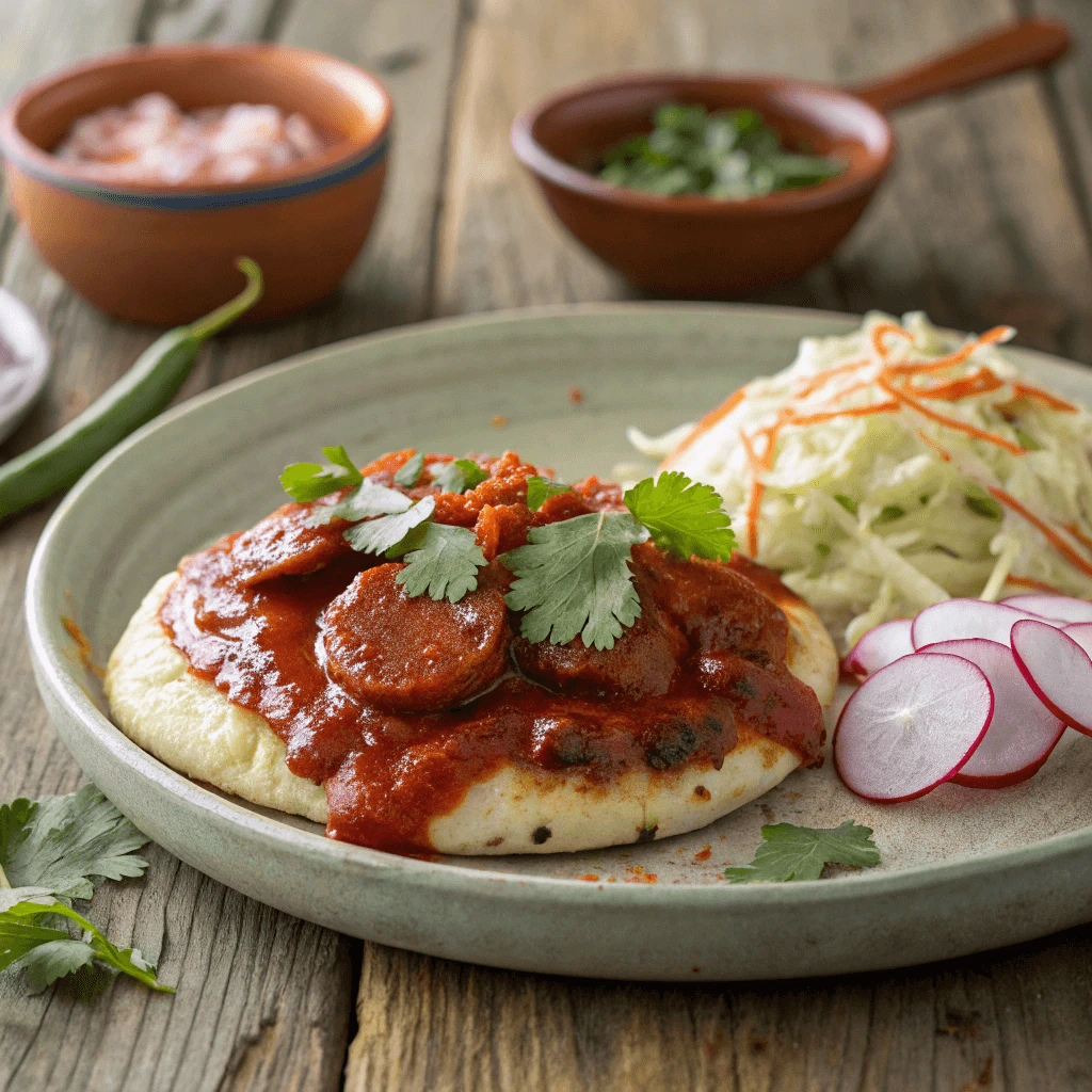 Chorizo pupusa with red sauce and curtido slaw on a rustic plate