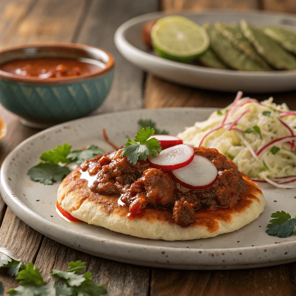 Close-up of a chorizo pupusa topped with homemade red sauce