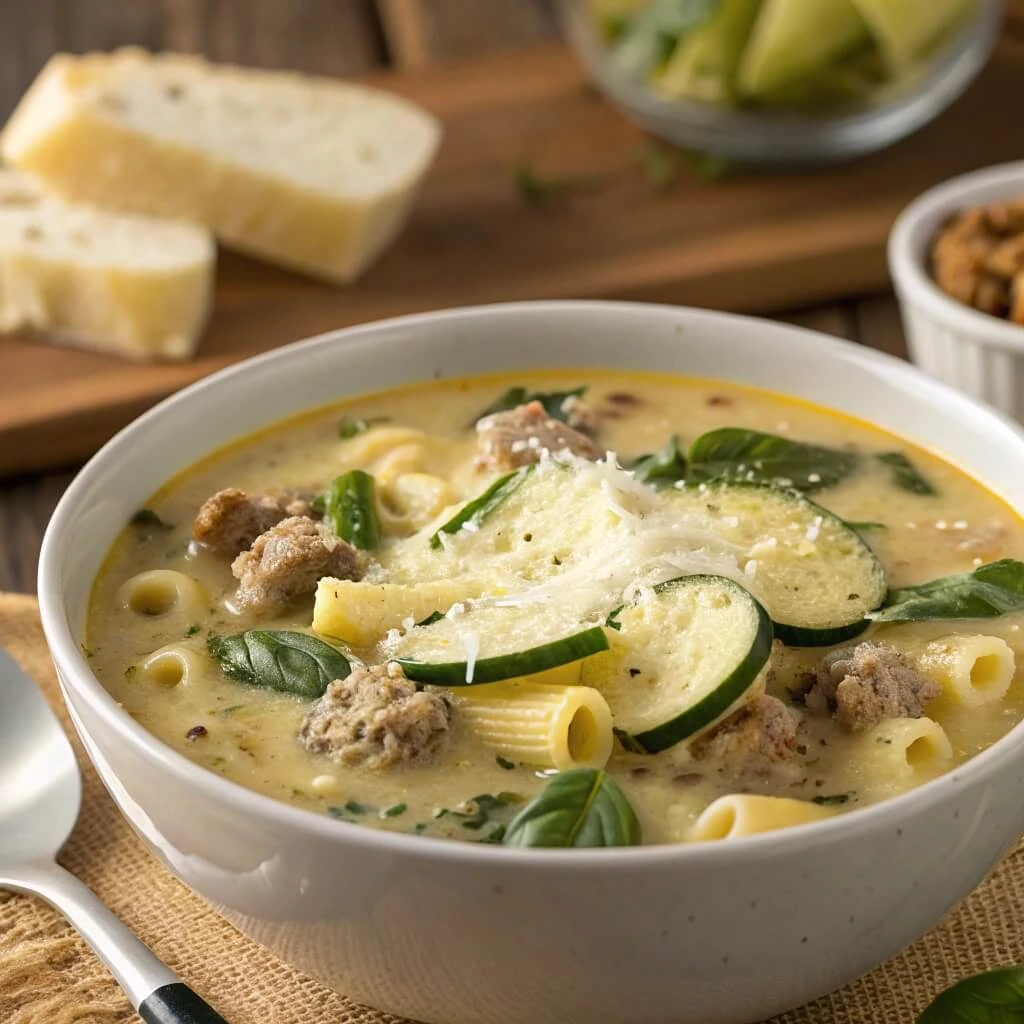 A close-up of Creamy Parmesan Italian Sausage Soup in a white bowl with a drizzle of cream and fresh basil.

