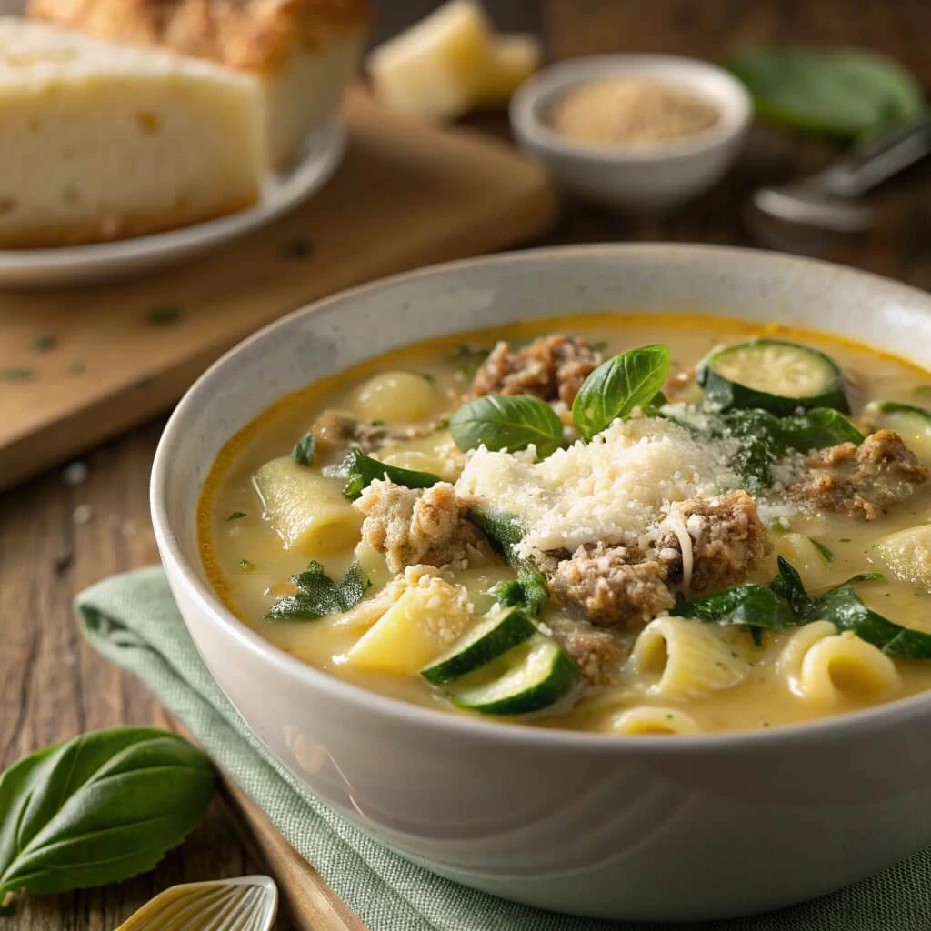 Creamy Parmesan Italian Sausage Soup served in a rustic bowl with fresh herbs on top.