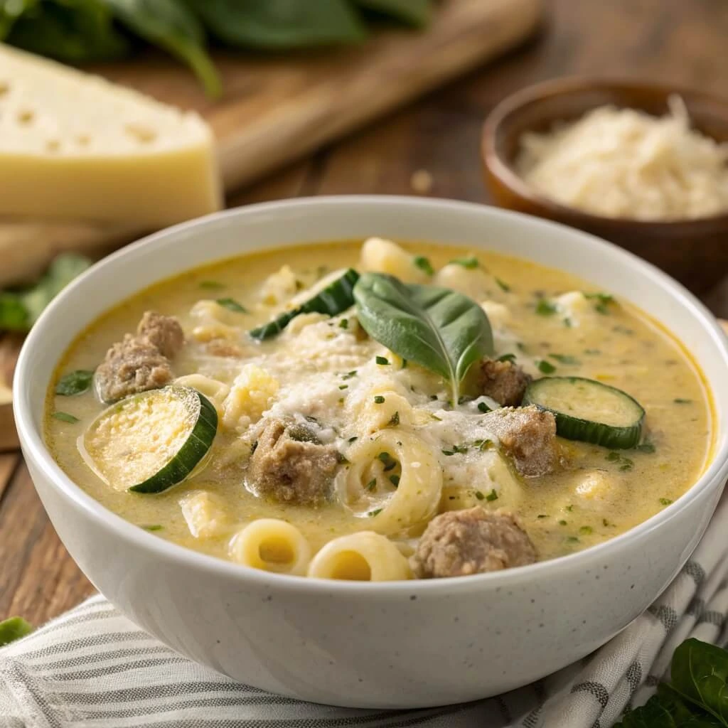 A spoonful of Creamy Parmesan Italian Sausage Soup with melted cheese and crispy bread on the side.

