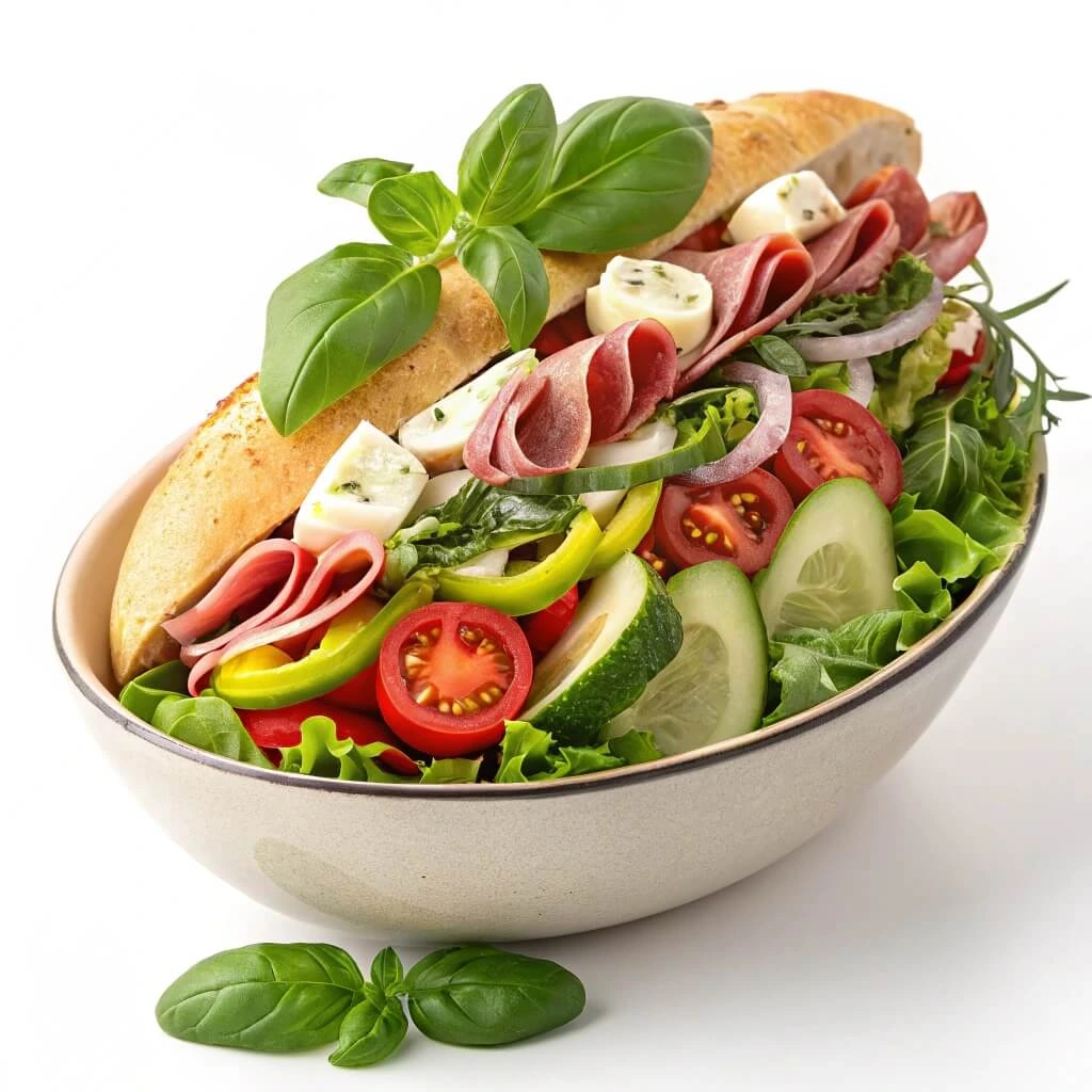 Italian sub in a tub recipe with fresh meats, cheese, and dressing