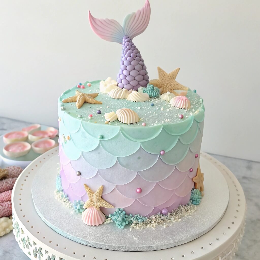 Mermaid cake with pastel buttercream waves and fondant tail