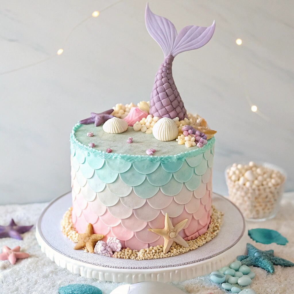 Mermaid cake decorated with seashells and edible pearls