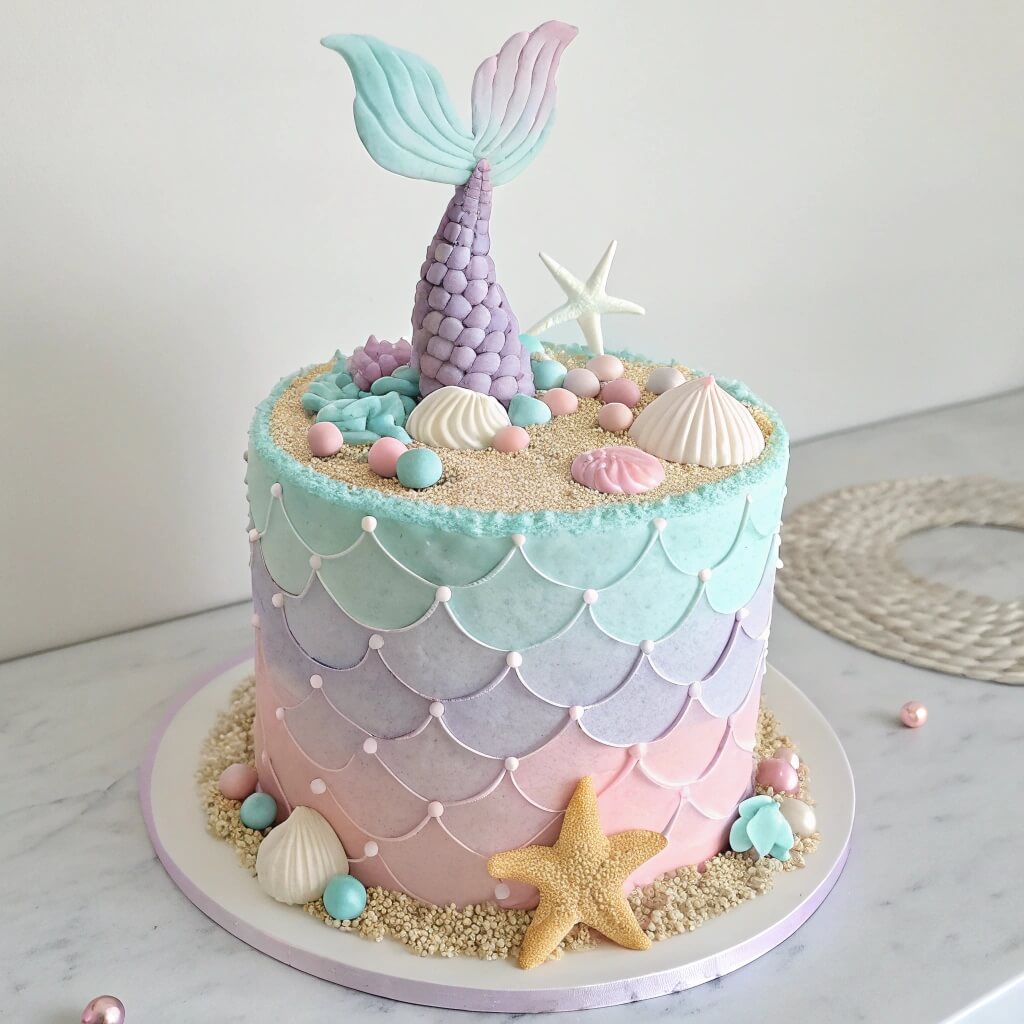 Ombre mermaid cake with metallic accents and fondant tail