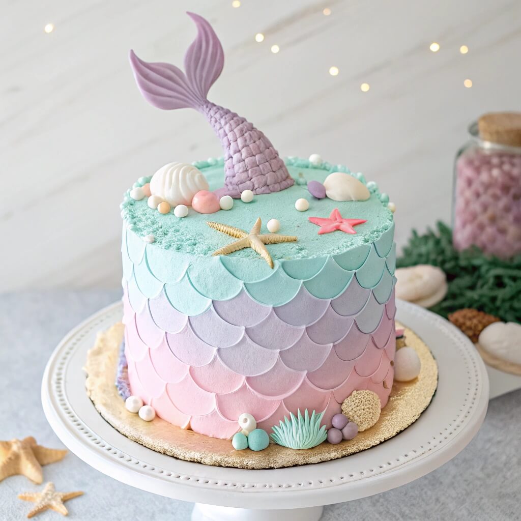  Mermaid cake with shimmering edible glitter and starfish decorations