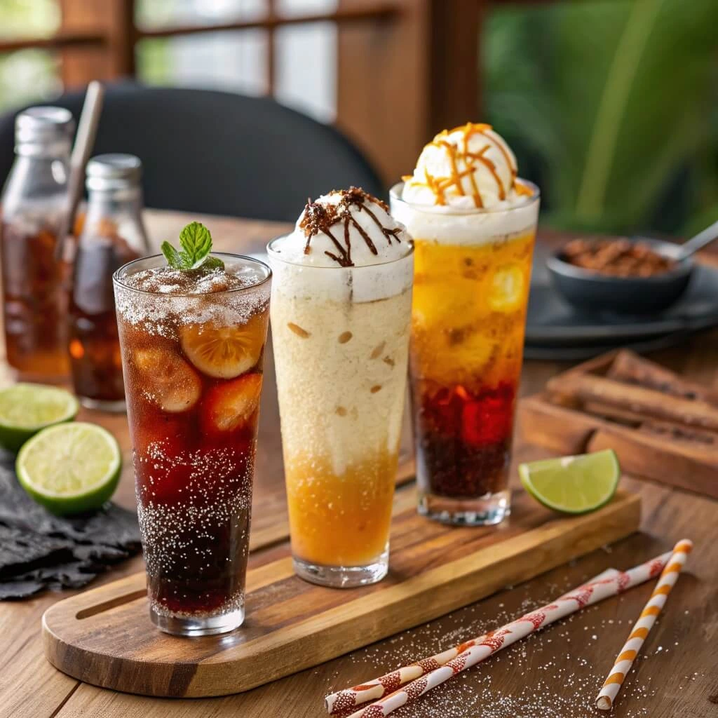 Dirty soda recipes with colorful flavors and creamy toppings in glass cups.