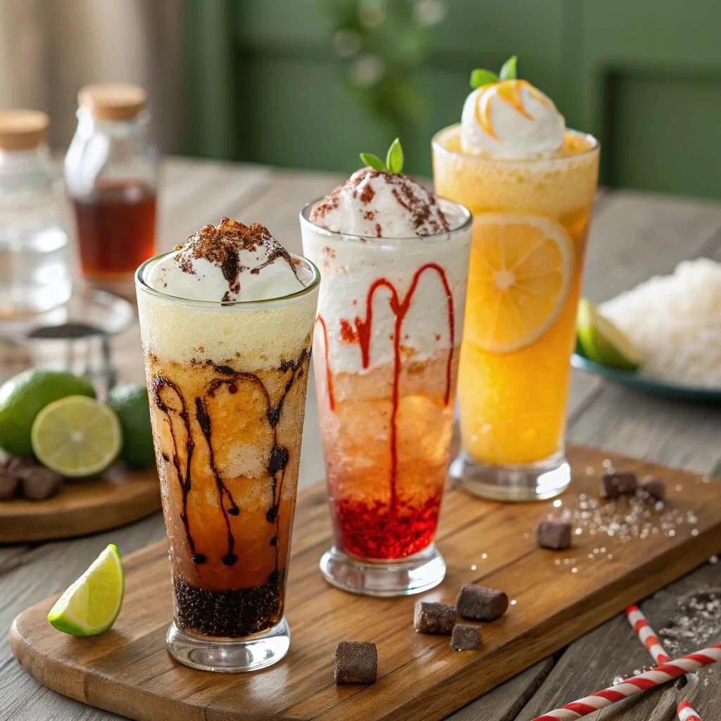 Dirty soda recipes featuring a variety of sodas with coconut cream and fruit garnishes.