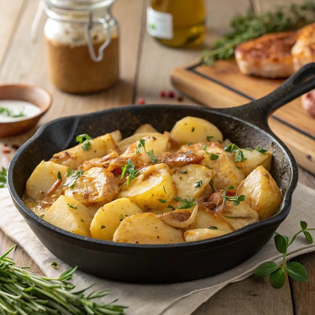 Yukon Gold and Russet potatoes on a wooden cutting board, ready for making smothered potatoes.