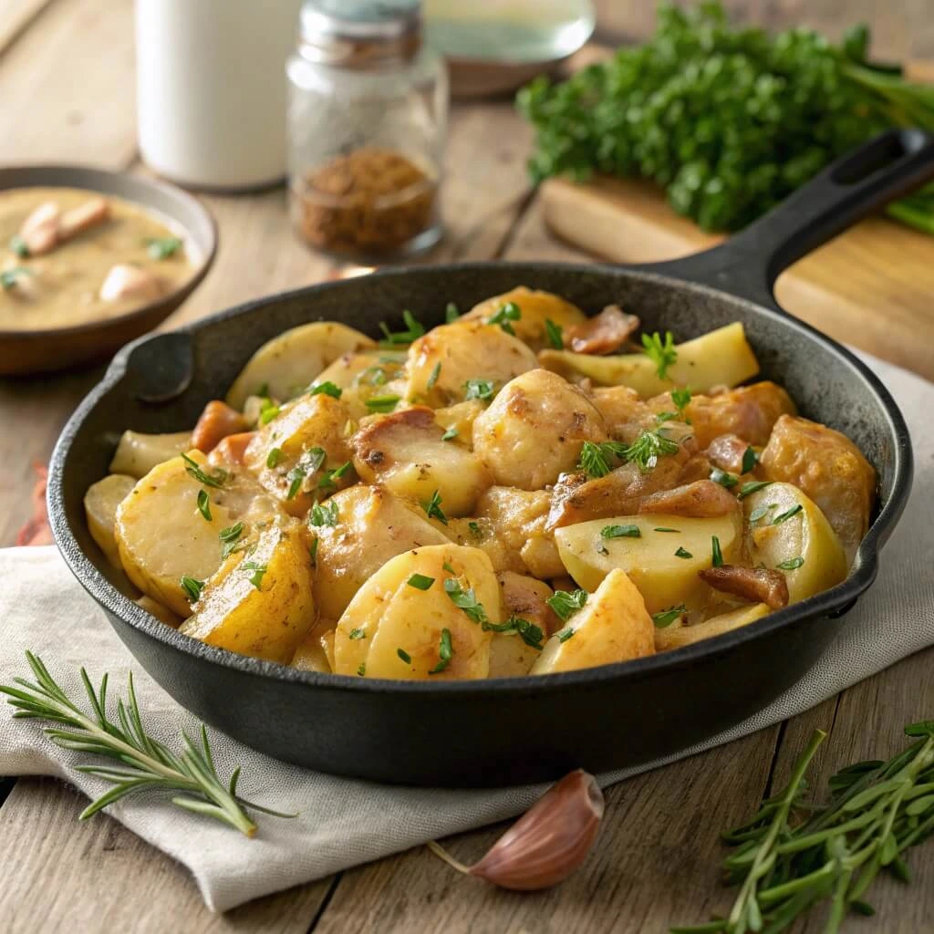 Smothered potatoes with golden-brown edges, caramelized onions, and fresh herbs in a cast-iron skillet.