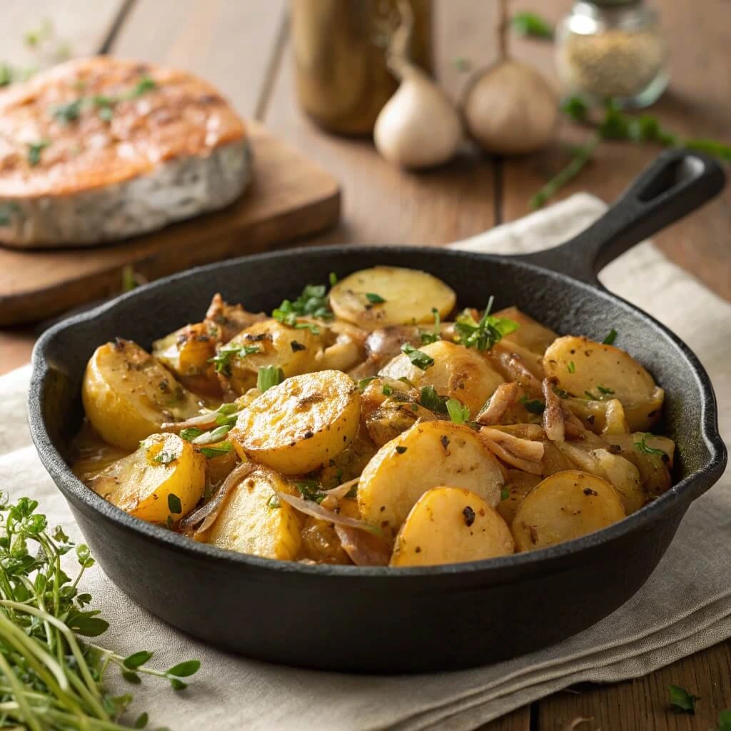 Smothered potatoes garnished with fresh parsley, thyme, and roasted garlic cloves for added flavor.