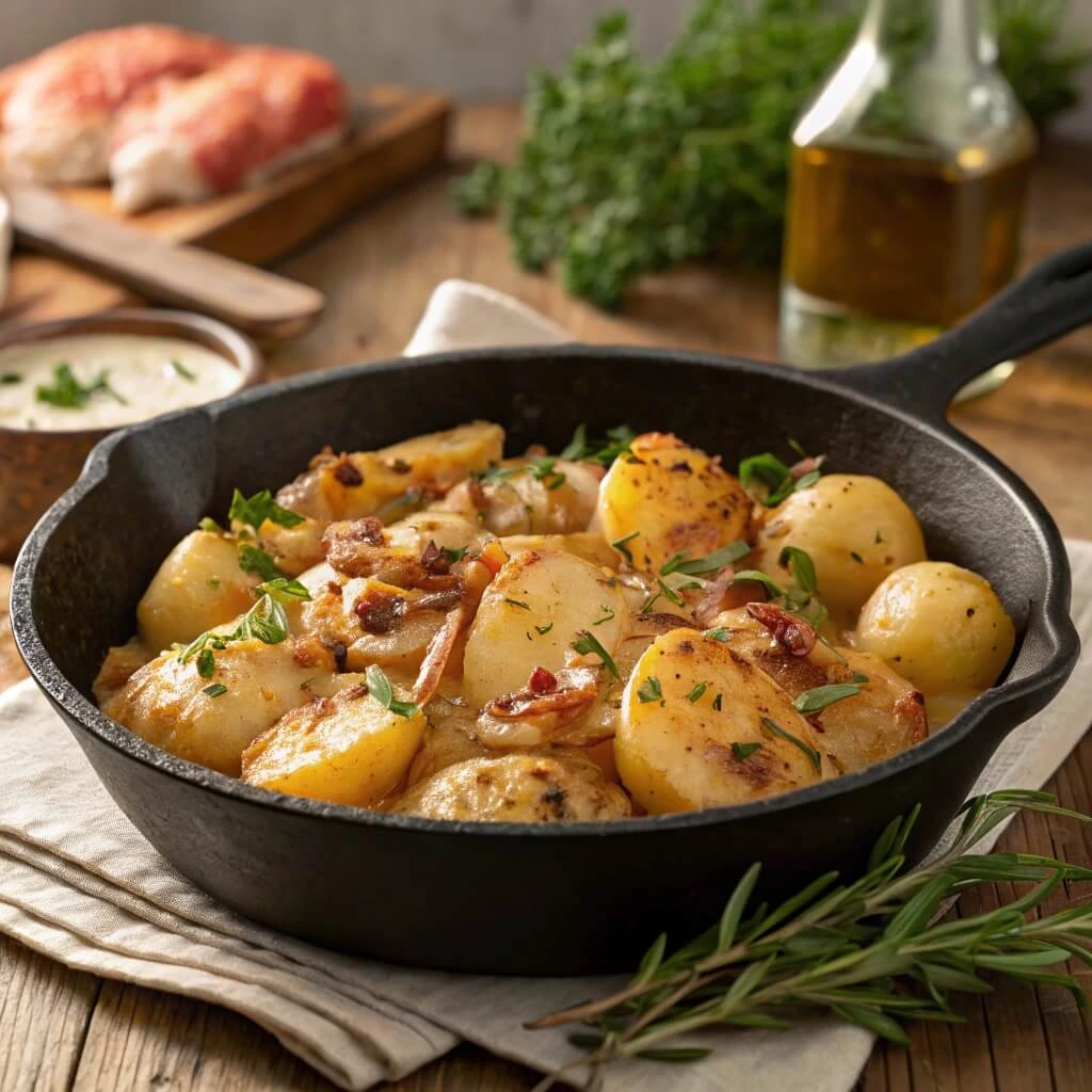 Smothered potatoes served rustic-style on a wooden table with sprigs of thyme and a side of chicken broth.