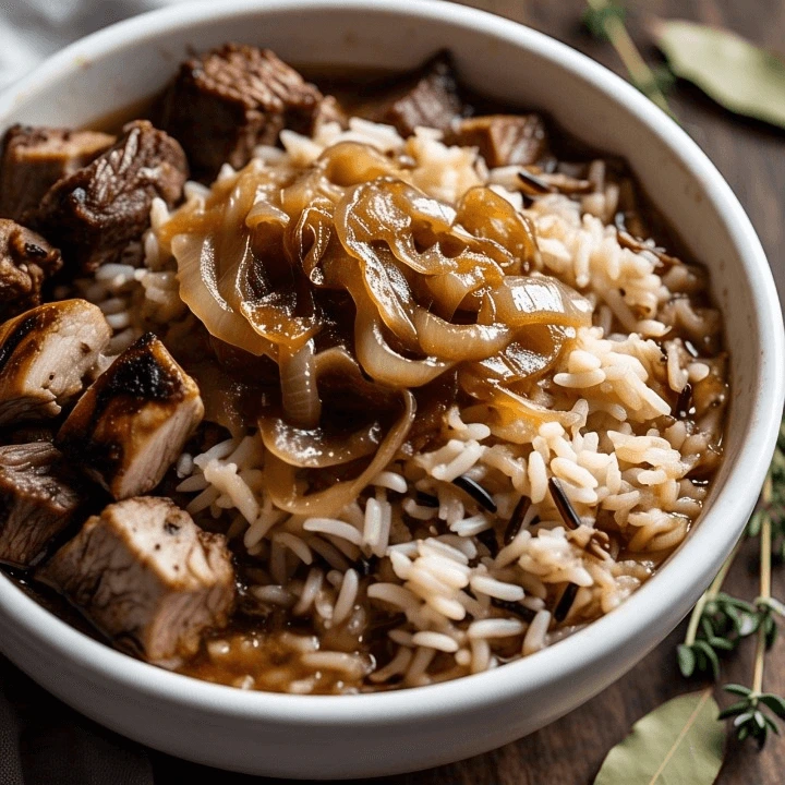 Homemade French Onion Soup Rice with Chicken and Beef